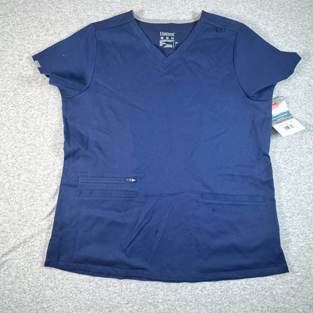 Hanes Women's Scrub Top Large Athletic Navy V Neck 3 Pocket NWT HWP100